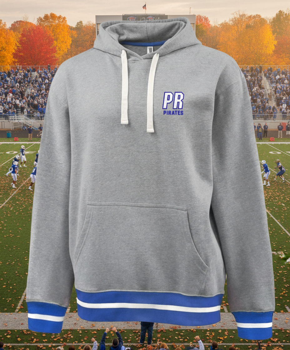 Gray hoodie with blue accents and 'PR Pirates' logo on a white background