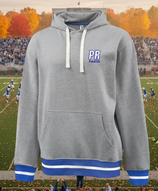 Gray hoodie with blue accents and 'PR Pirates' logo on a white background