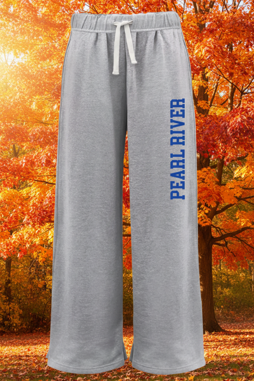 Gray heather wide-leg sweatpants with a white drawstring and 'PEARL RIVER' printed vertically in blue on the left leg, shown against a plain white background.
