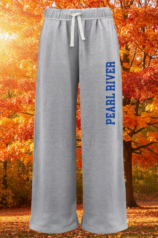 Gray heather wide-leg sweatpants with a white drawstring and 'PEARL RIVER' printed vertically in blue on the left leg, shown against a plain white background.