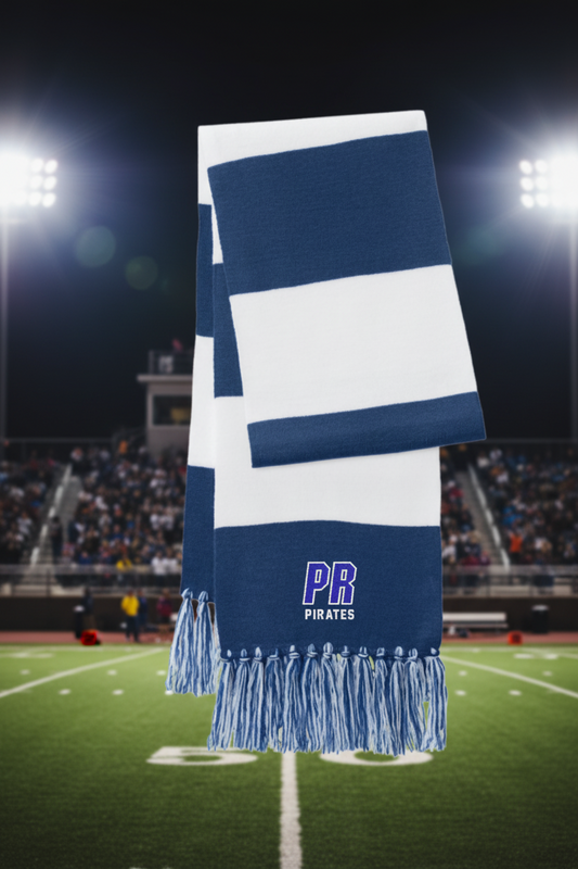 A navy blue and white striped knit scarf with fringe tassels and a 'PR PIRATES' logo printed on the lower end, shown against a plain white background.