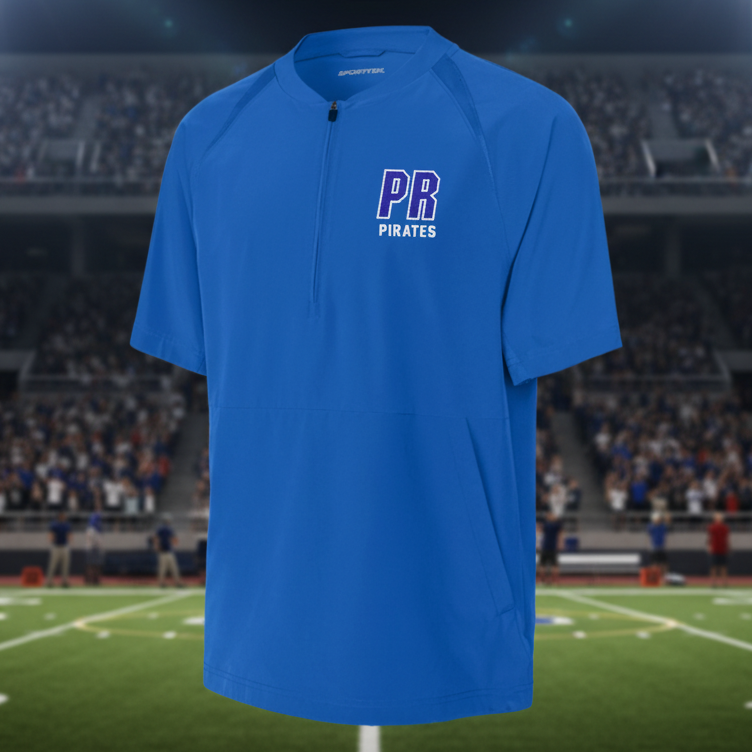 A royal blue short-sleeve athletic pullover with a half-zip collar and a 'PR PIRATES' logo printed in purple and white on the left chest, displayed on a clean white background.