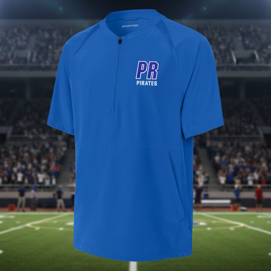 A royal blue short-sleeve athletic pullover with a half-zip collar and a 'PR PIRATES' logo printed in purple and white on the left chest, displayed on a clean white background.