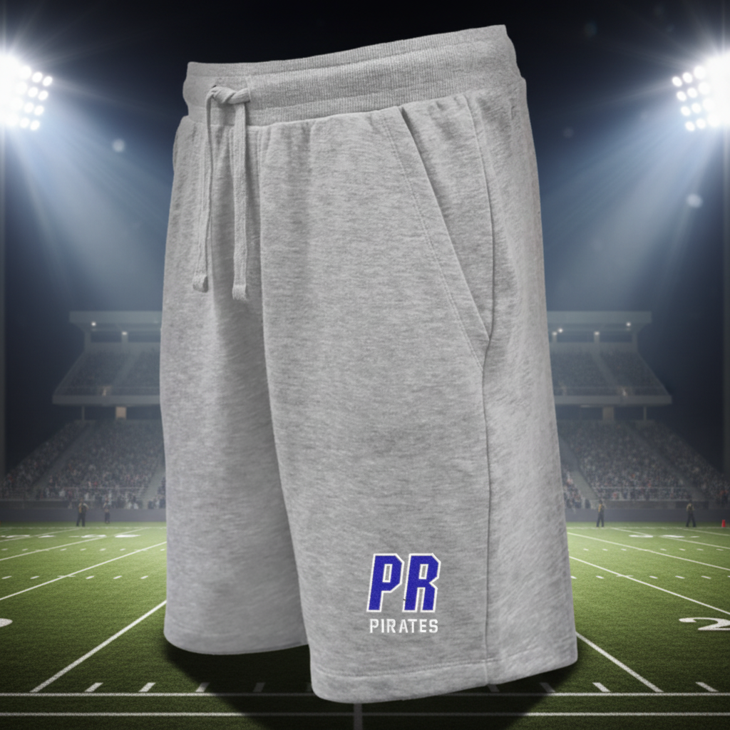 Gray heather sweat shorts with a drawstring waist and a blue and white 'PR PIRATES' logo on the lower left leg, shown against a plain white background.