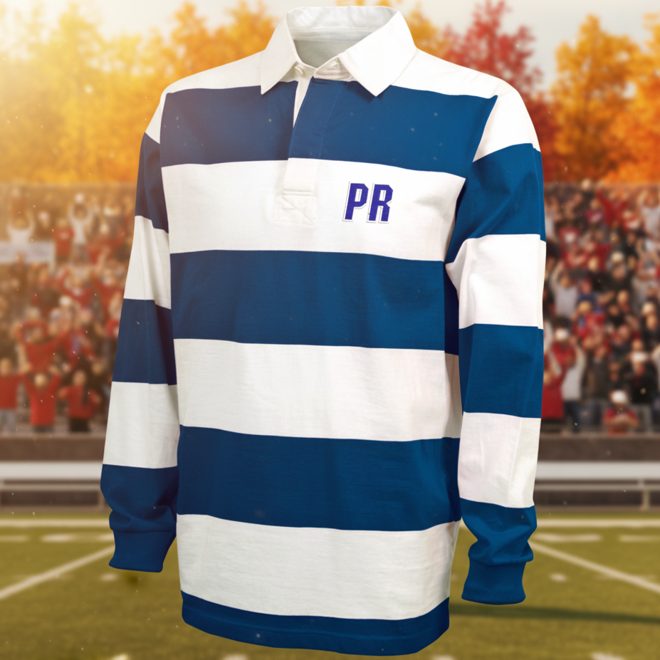 A long-sleeve rugby shirt with horizontal navy blue and white stripes, featuring a white collar, a short button placket, and the letters 'PR' embroidered in navy blue on the left chest.