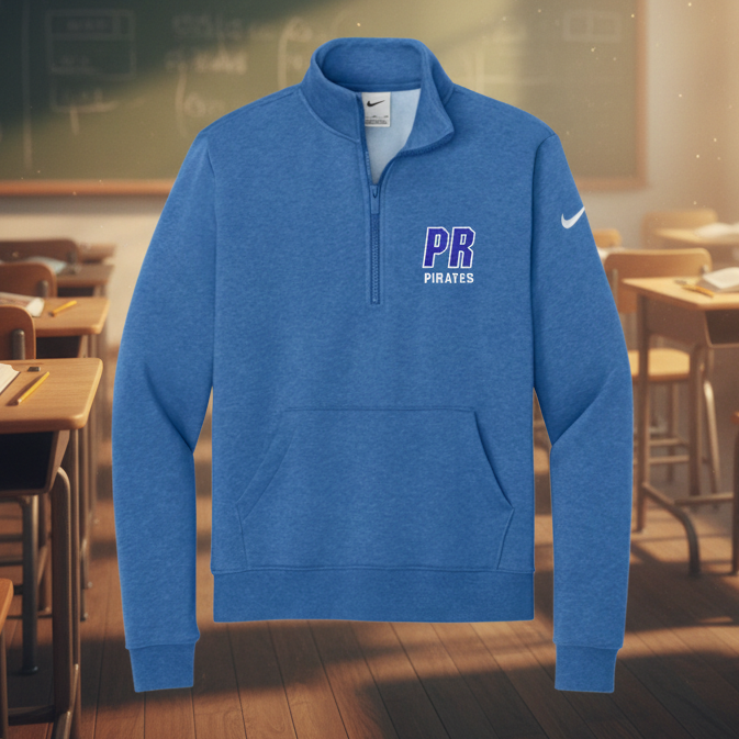 A heather blue Nike quarter-zip pullover sweatshirt with a white swoosh on the left sleeve and 'PB PIRATES' printed in purple and white on the left chest, shown on a plain white background.