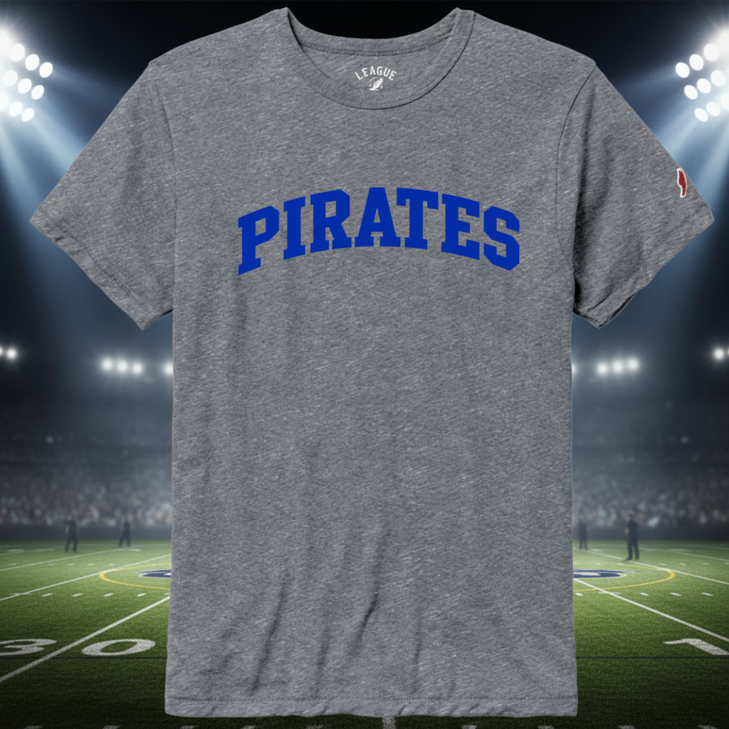 A heather gray short-sleeve t-shirt with 'PIRATES' printed in blue arched block letters across the chest, shown against a plain white background.