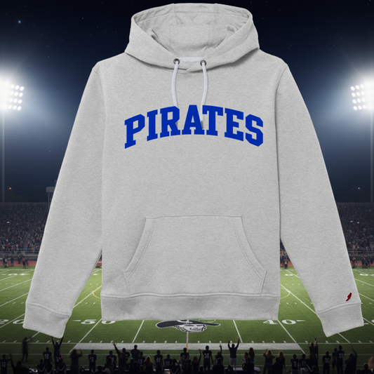 A light heather gray pullover hoodie with 'PIRATES' printed in blue arched block letters across the chest, featuring white drawstrings and a front kangaroo pocket.